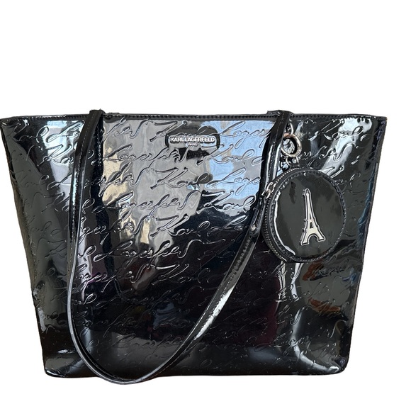 large Karl Lagerfeld Glossy Black Tote with Eiffel Charm NWOT - Picture 1 of 4